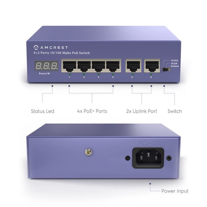 Amcrest 6-Port POE+ Power Over Ethernet Switch with Metal Housing, 4-Ports POE+ 802.3at 65W - Image 5